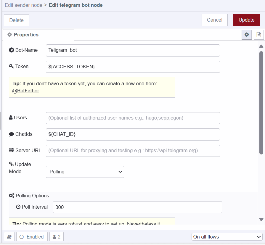 Screenshot displaying telegram custom node configuration "Screenshot displaying telegram custom node configuration"