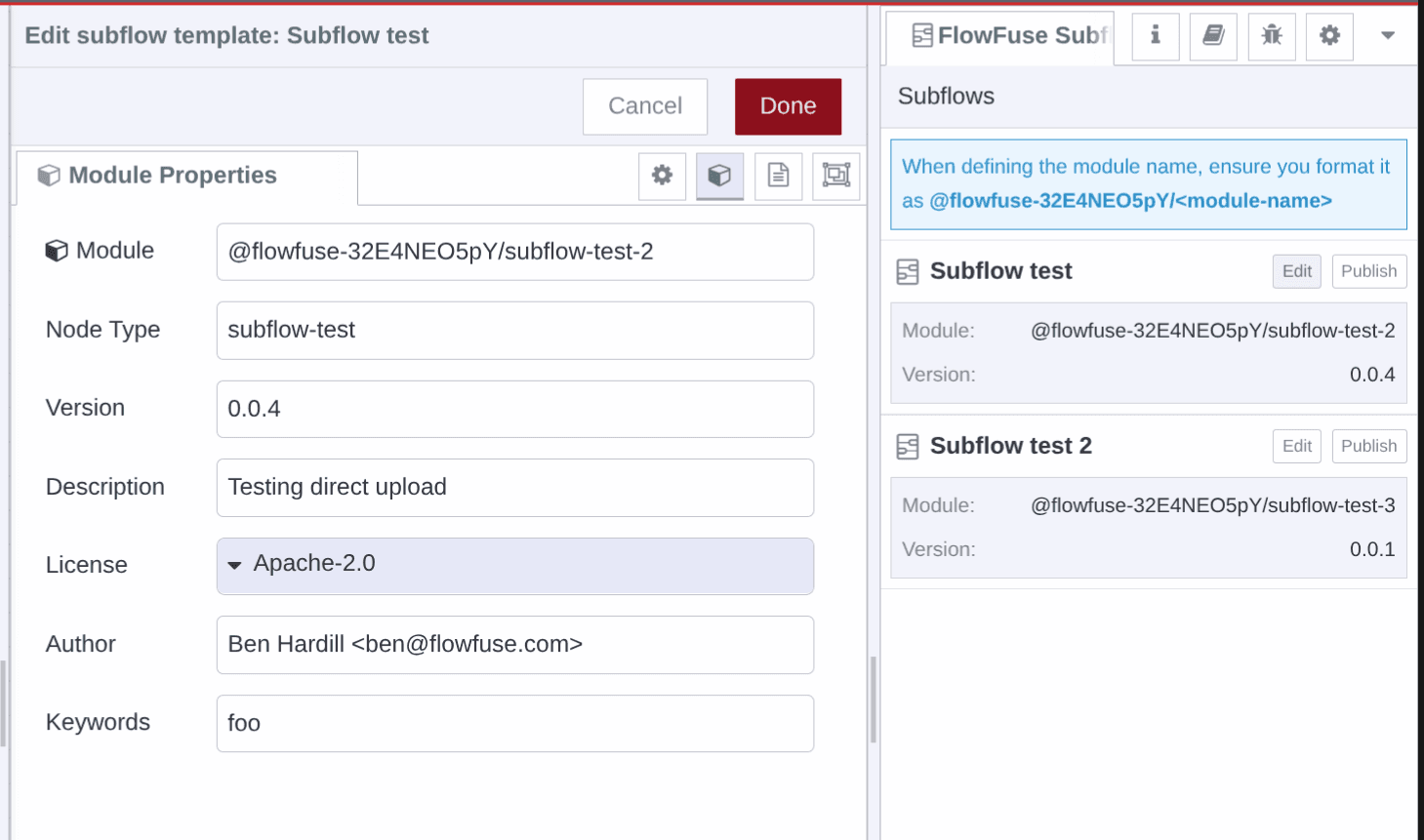 Screenshot of Node-RED with the SubFlow export sidebar